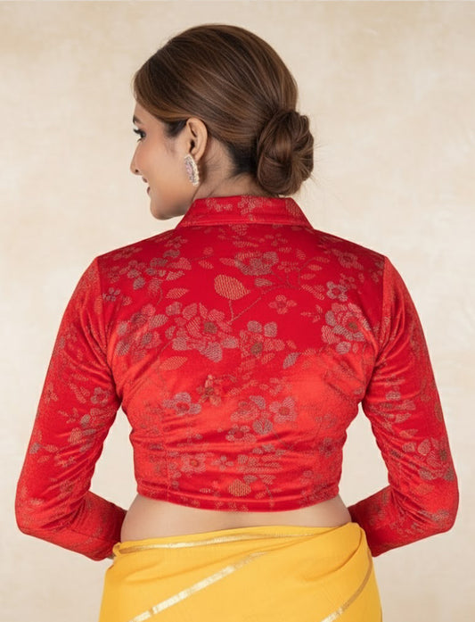 Red Velvet Blouse with Floral Prints