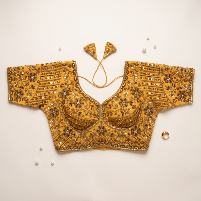 Mustard Gold Hand-Embroidered Zardozi & Sequin Bridal Blouse