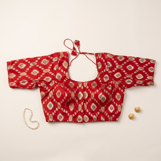 Crimson Red Banaras Silk Brocade Blouse with Zari Geometric Butta