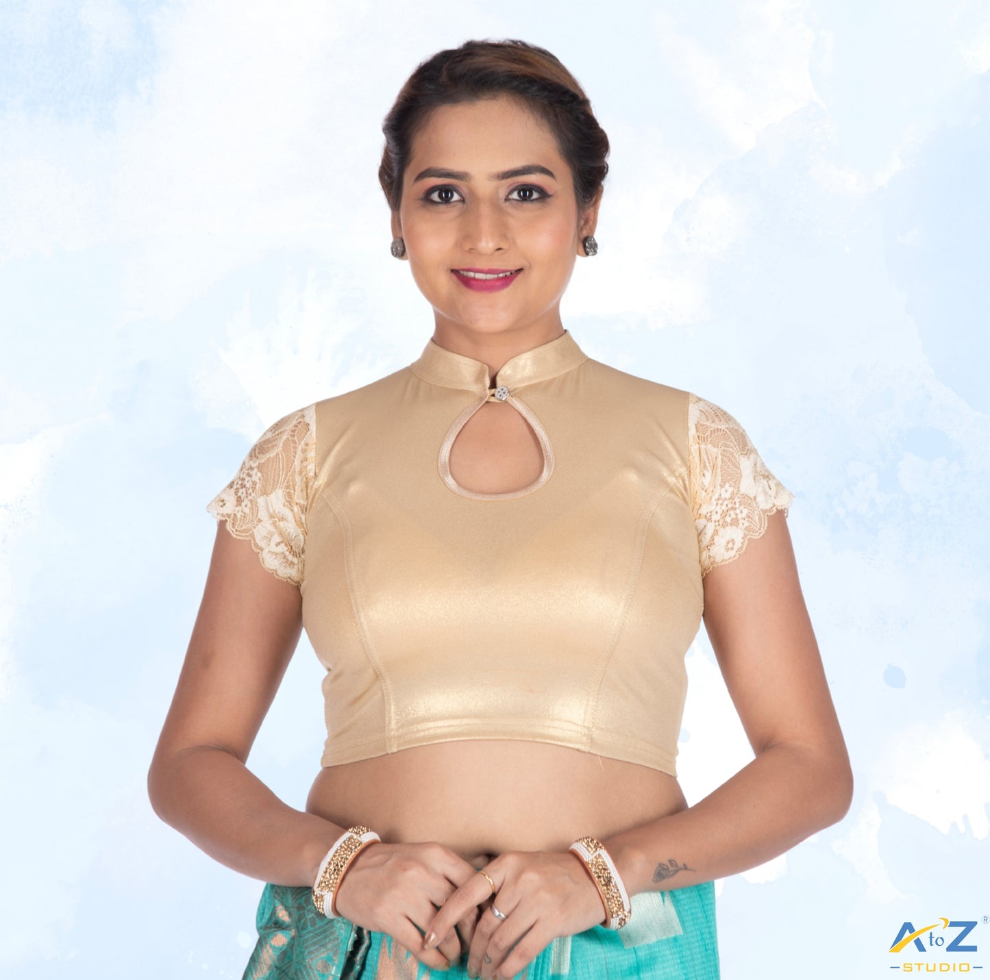 Light Gold Lycra Shimmer Net Short Sleeves