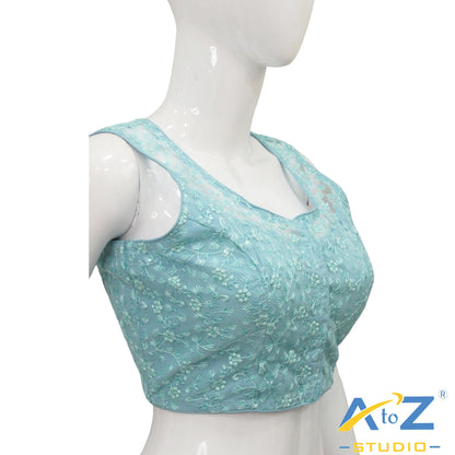 Light Aqua Blue Embroidered Blouse with Sheer Neckline