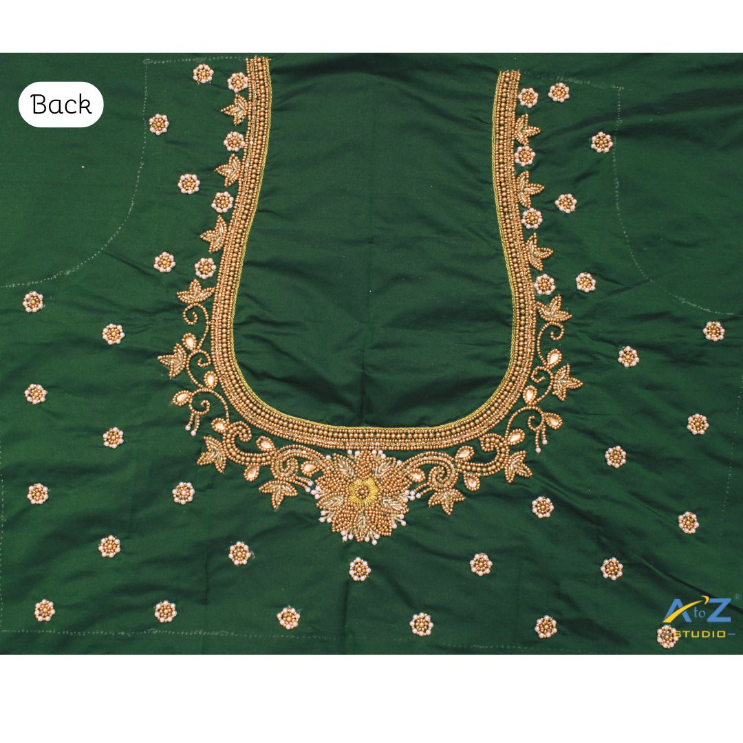 Dark Forest Green Silk Blouse Piece With Aari Work