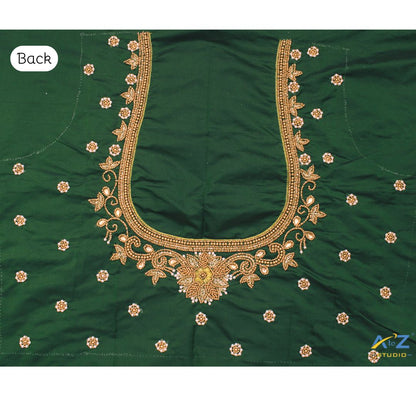 Dark Forest Green Silk Blouse Piece With Aari Work