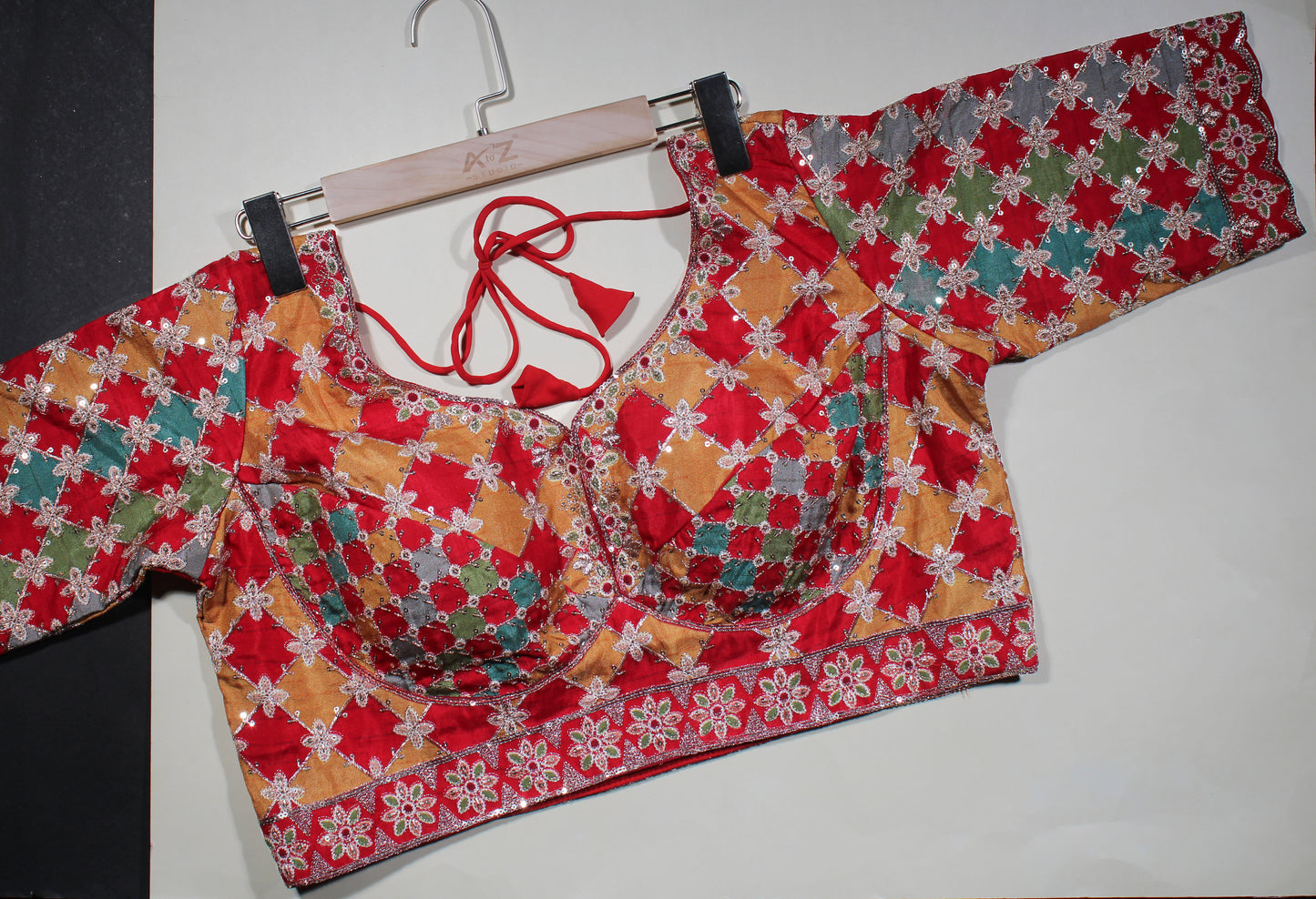 Red Patchwork Floral Sequin Blouse