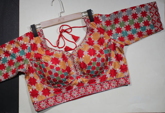 Red Patchwork Floral Sequin Blouse