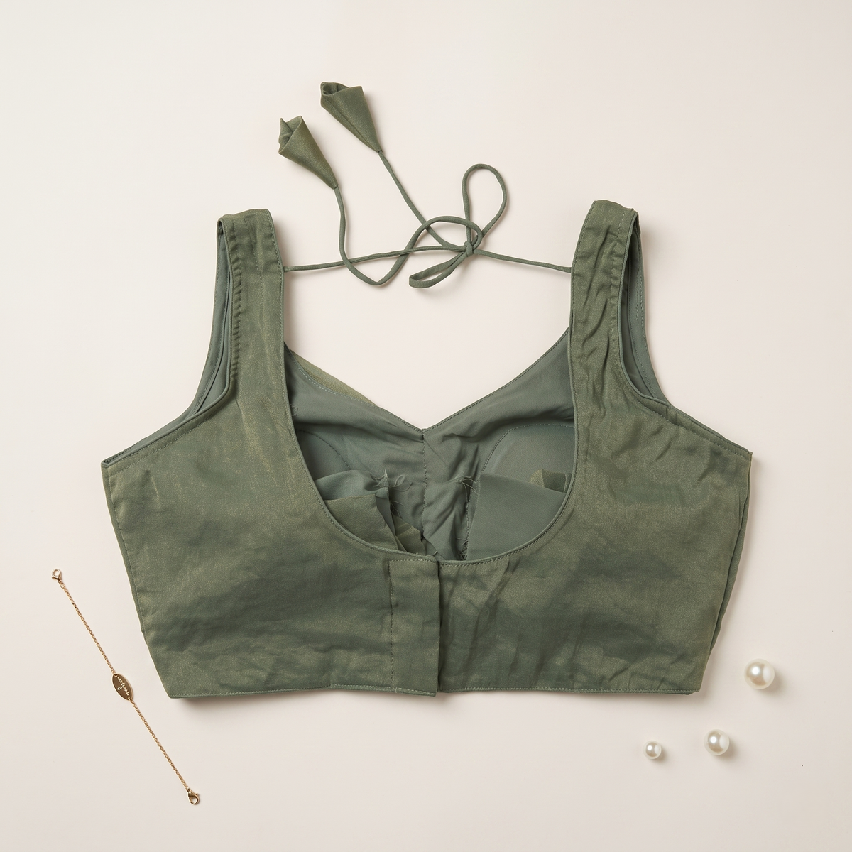 Army Green Metallic Dust V-Neck Padded Saree Blouse with Dori Tie-Back