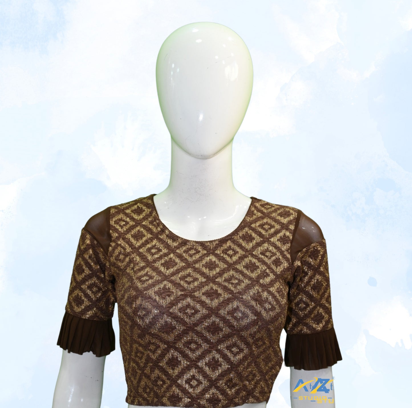 Coffee Zarjet Blouse with Golden Diamond Print
