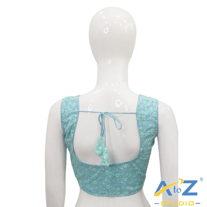Light Aqua Blue Embroidered Blouse with Sheer Neckline