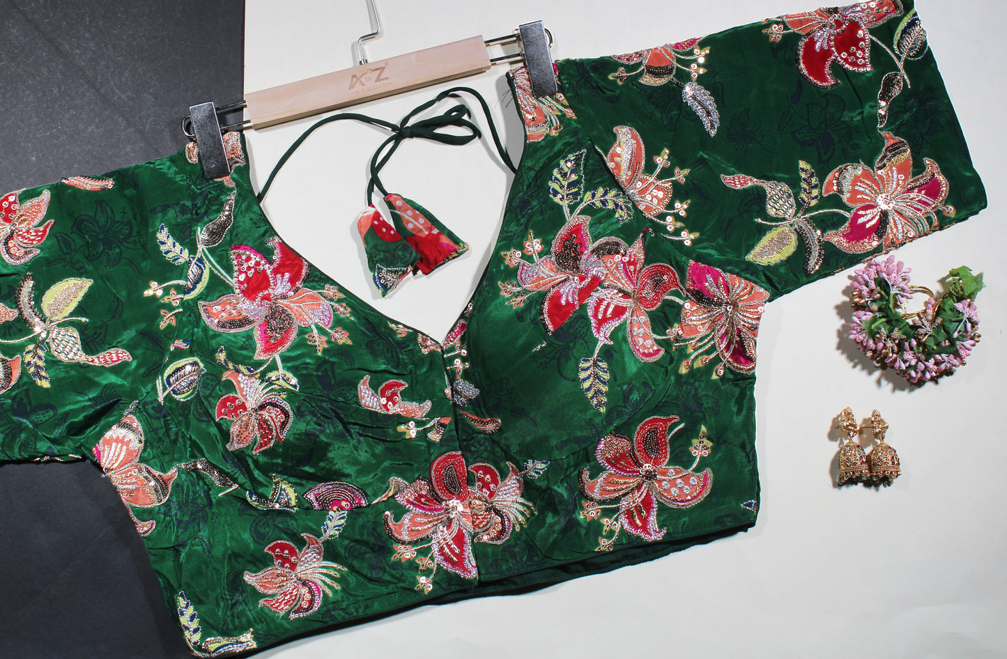 Green Velvet Heavy Embroidered Festive Blouse