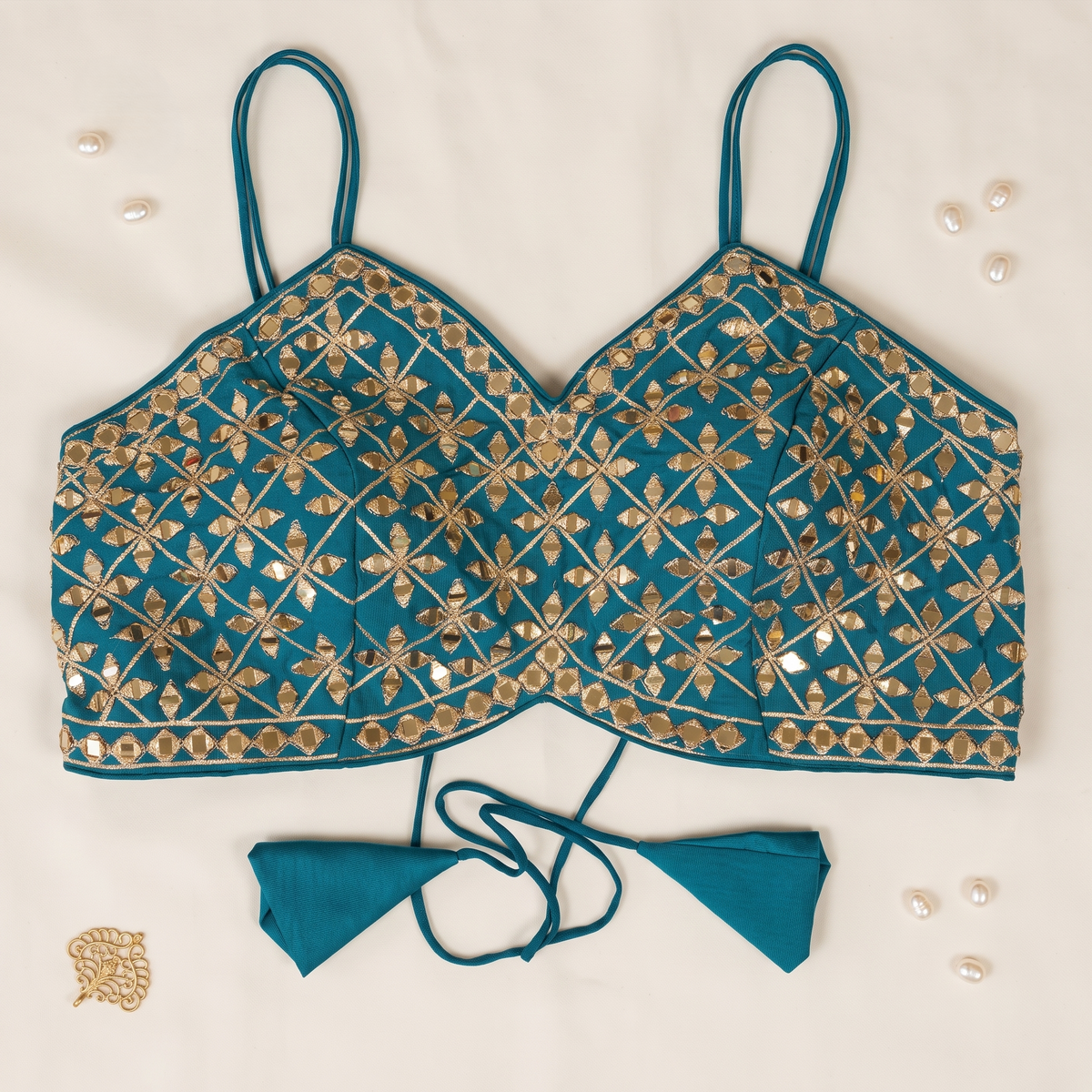 Teal Blue Mirror Work Cami Blouse with Lace-Up Tie Back