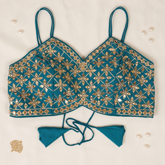 Teal Blue Mirror Work Cami Blouse with Lace-Up Tie Back