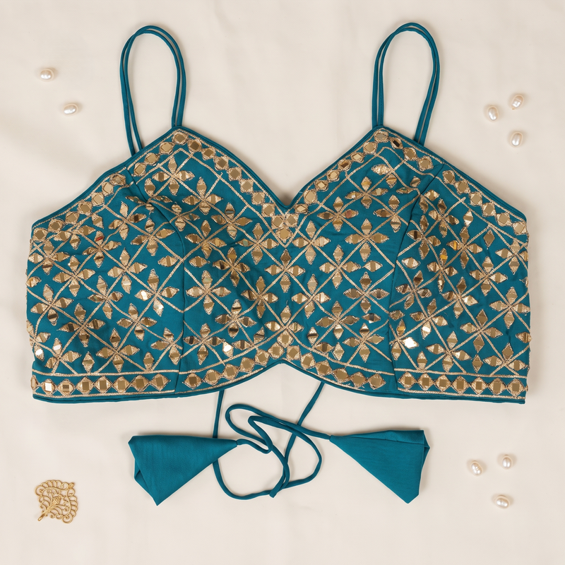 Teal Blue Mirror Work Cami Blouse with Lace-Up Tie Back