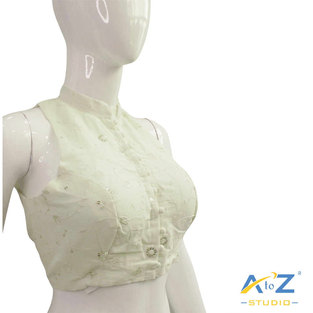 Cream Sleeveless Blouse with Mandarin Colla