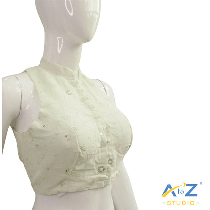 Cream Sleeveless Blouse with Mandarin Colla