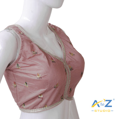 Frost Pink Embroidered Silk Blouse – V-Neck with Front Hook