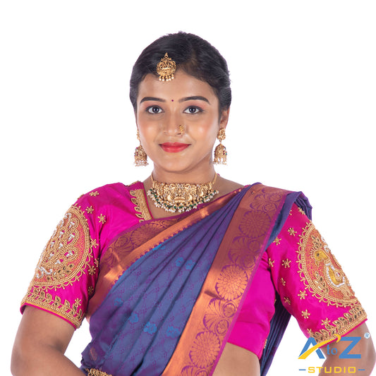 Fuchsia Silk Cloth Blouse with Big peacock in circle Design