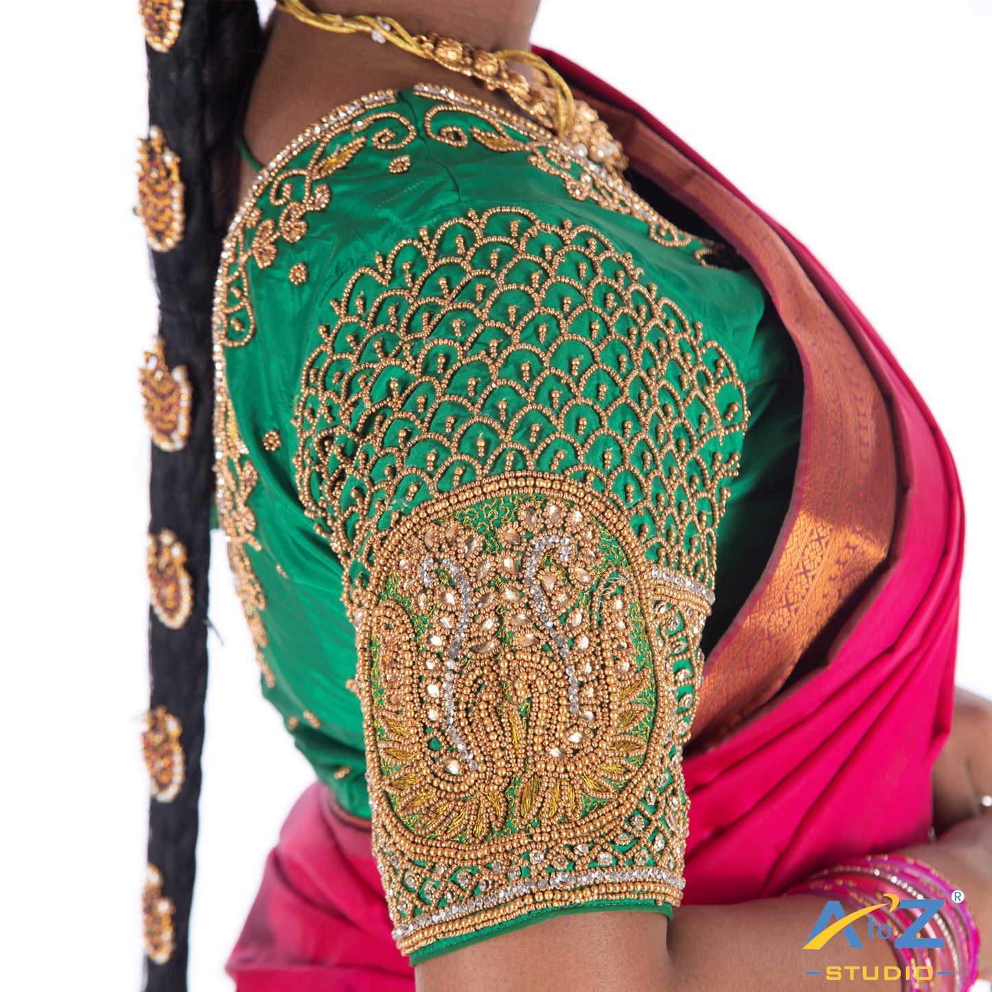 Chateav Green Silk Cloth Blouse with Double peacock and leafs Design