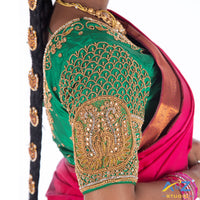 Chateav Green Silk Cloth Blouse with Double peacock and leafs Design