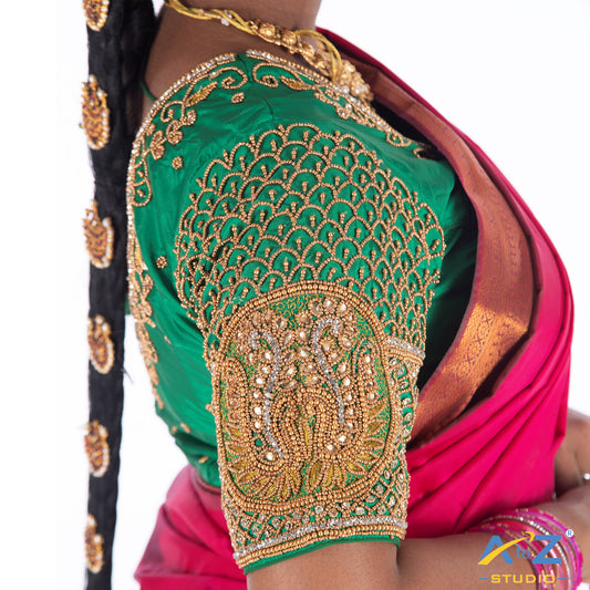 Chateav Green Silk Cloth Blouse with Double peacock and leafs Design