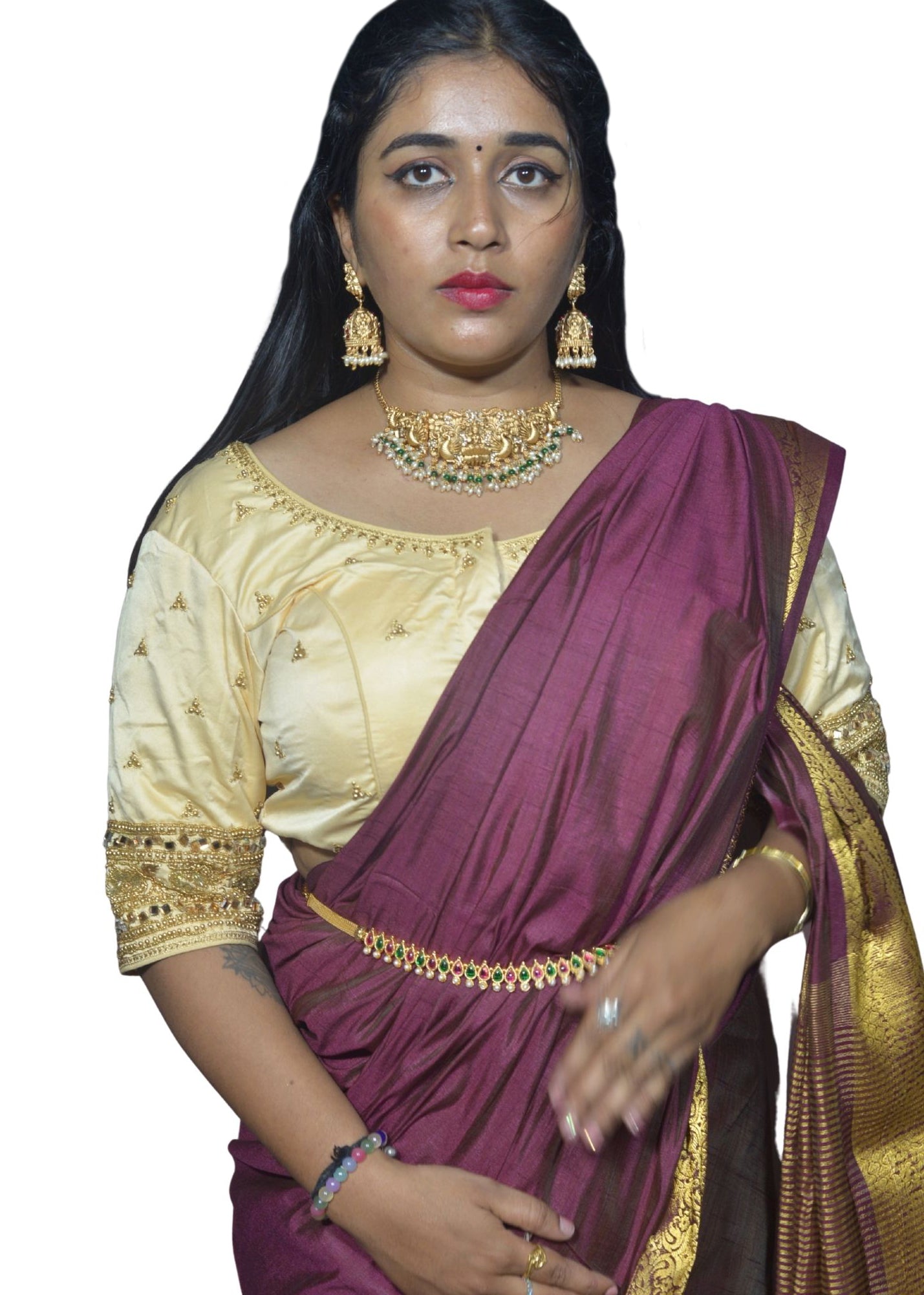 Designer Ivory Blouse with Floral and Moti Sleeves and Aari Embroidered Back