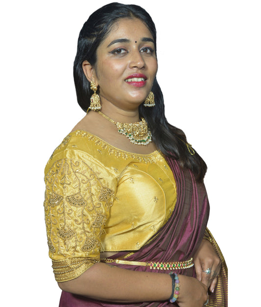 Gold Blouse with Floral Motifs & Dual Embroidery