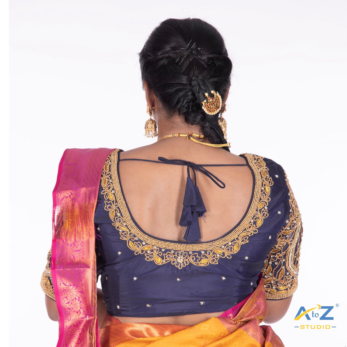 Navy Blue Silk Cloth Blouse with Lotus in circle Design