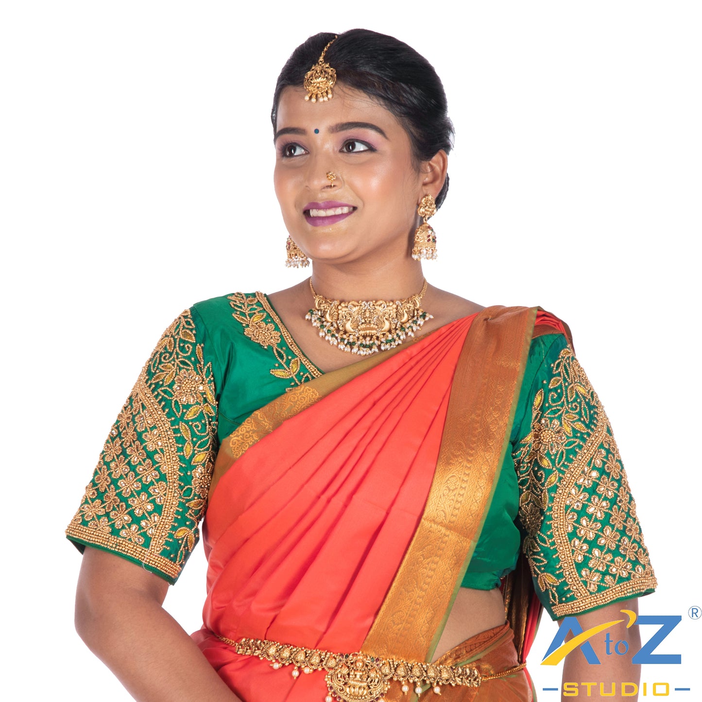 Rama Green Silk Cloth Blouse with Leaf and flower Design