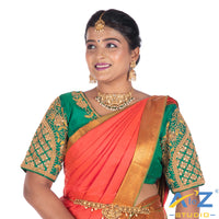 Rama Green Silk Cloth Blouse with Leaf and flower Design