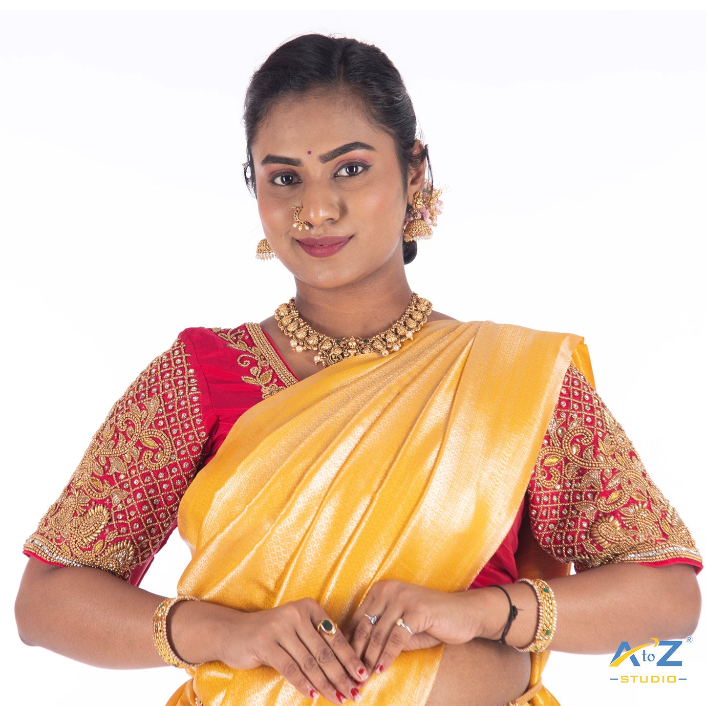 Punch Pink Silk Cloth Blouse with Small Peacock and square chain Design