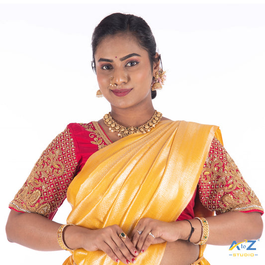 Punch Pink Silk Cloth Blouse with Small Peacock and square chain Design