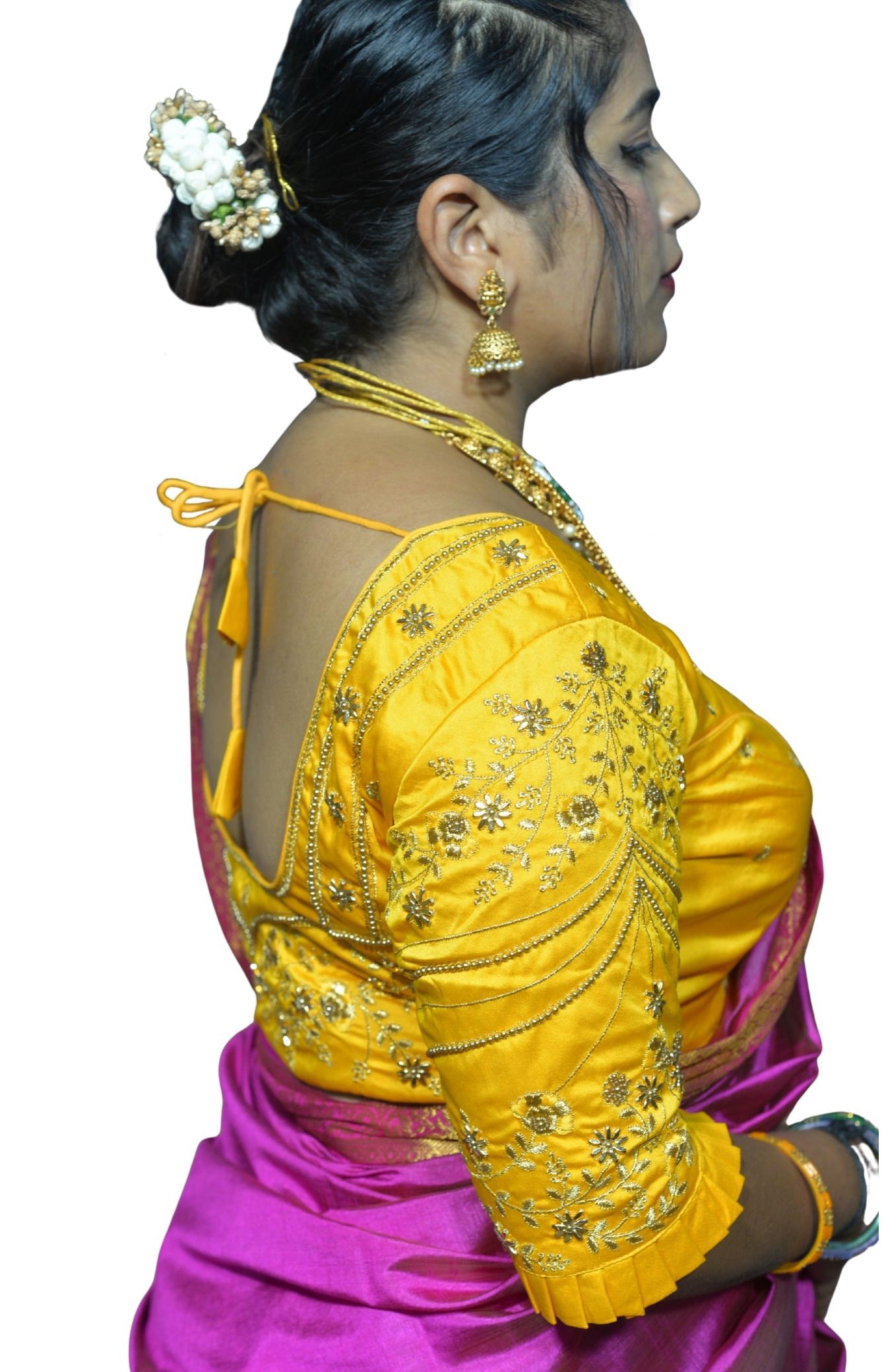 Vibrant Golden Yellow Blouse with Multi-Color Floral Embroidery and Frill Sleeves