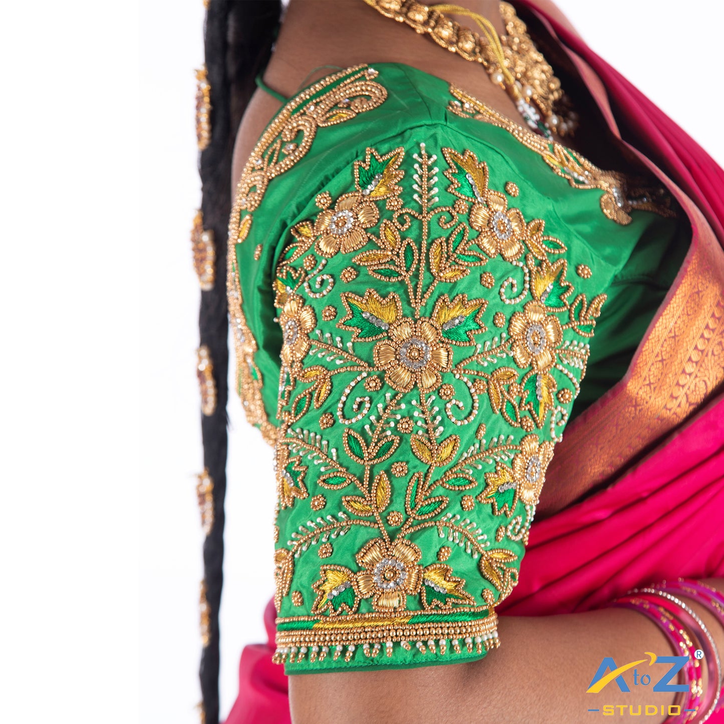 Chateav Green Silk Cloth Blouse with Flower bloosm Design