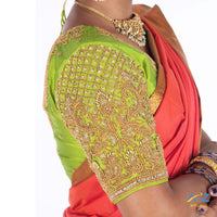 Parrot Green Silk Cloth Blouse with Small Peacock and square chain Design