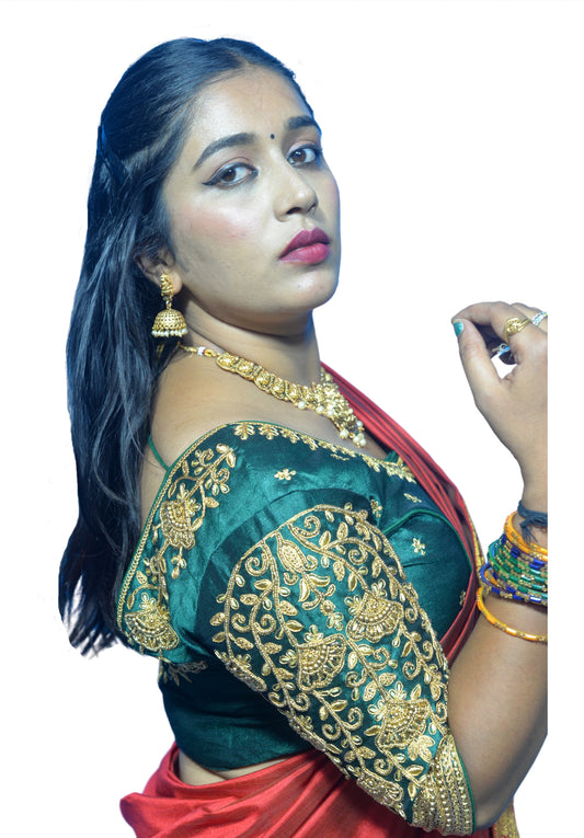 Dark Green Blouse with Floral Motifs & Dual Embroidery