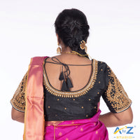 Black Silk Cloth Blouse with Small leaf and chain work Design
