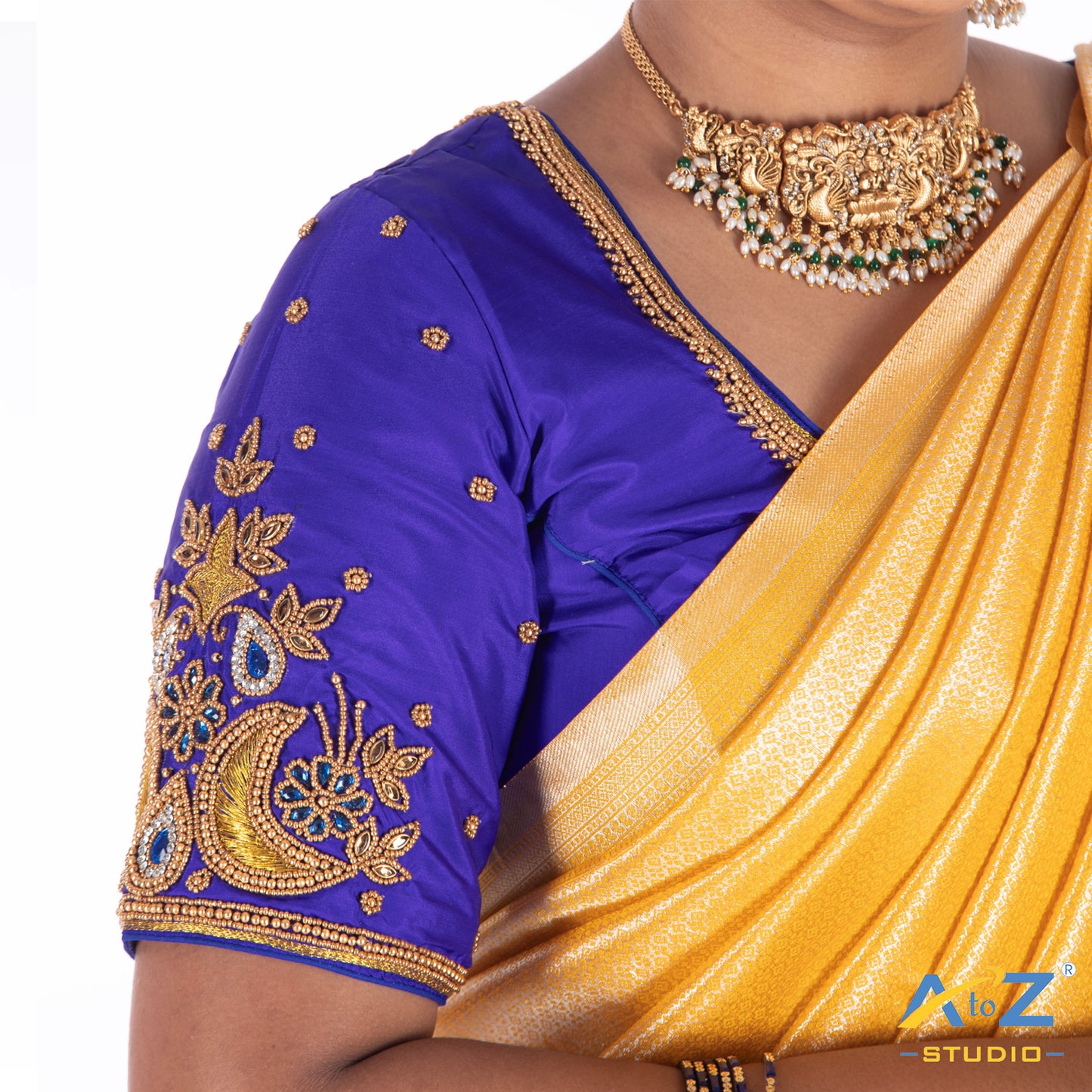 Royal Blue Silk Cloth Blouse with moon and small leafs Design