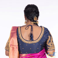 Navy Blue Silk Cloth Blouse with Small leaf and chain work Design