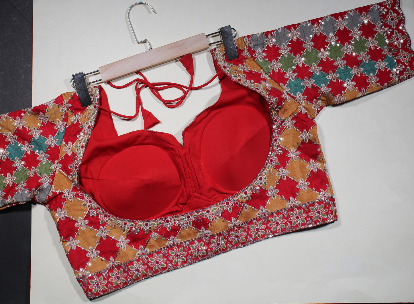 Red Patchwork Floral Sequin Blouse