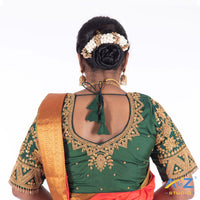 Dark Forest Green Silk Cloth Blouse with Flower, mango and triangle Design