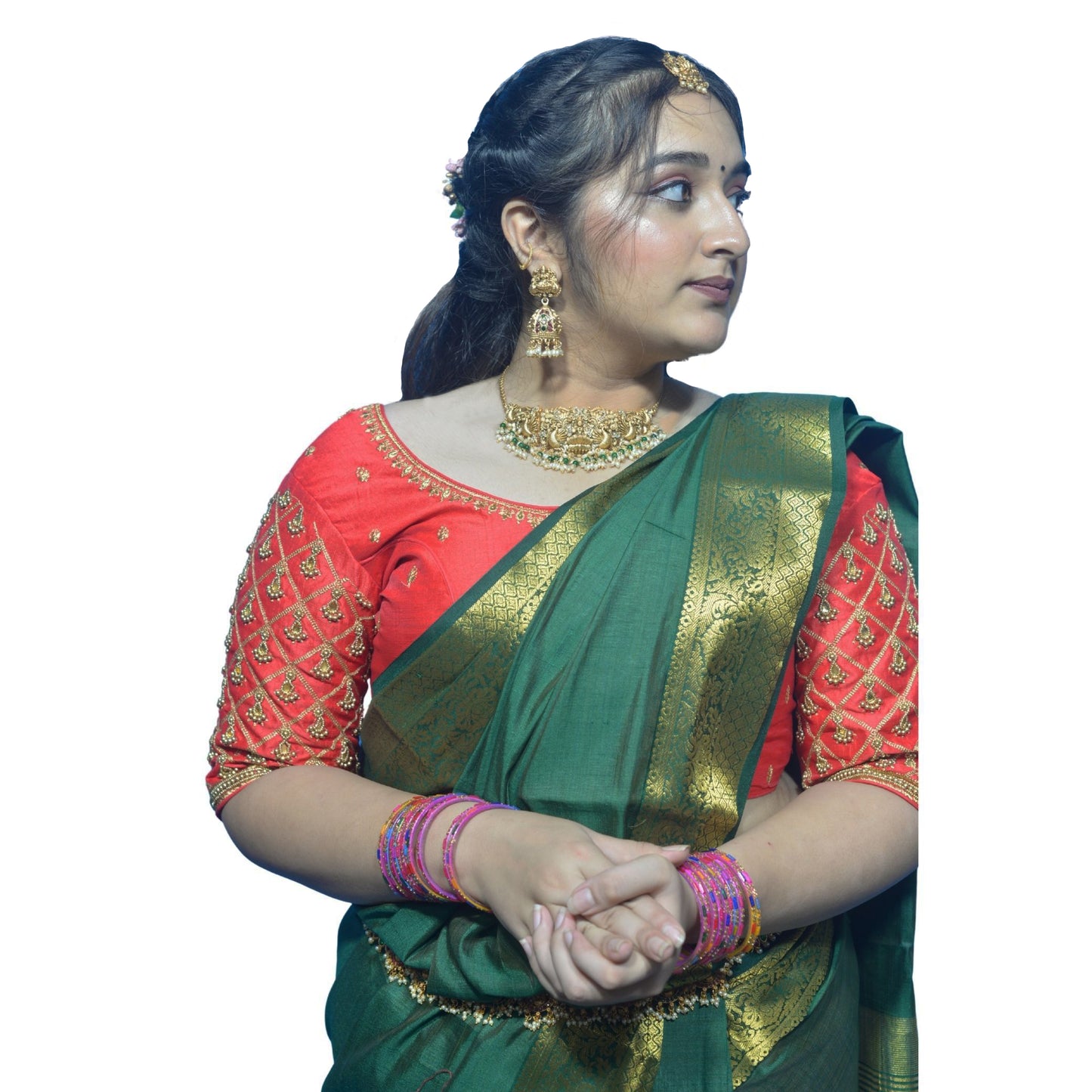 Red Blouse with Criss-Cross, Footprint & Bush Embroidery