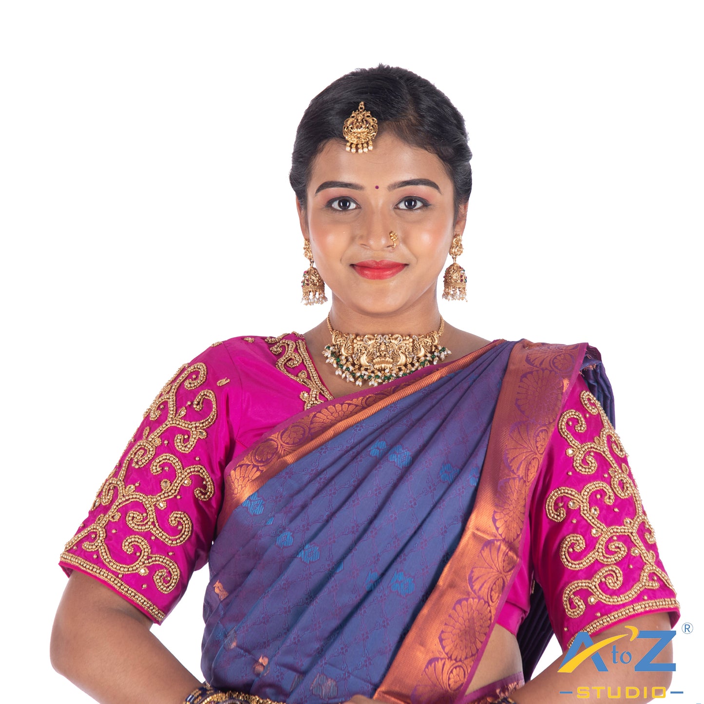 Fuchsia Silk Cloth Blouse with kundan work with chain Design