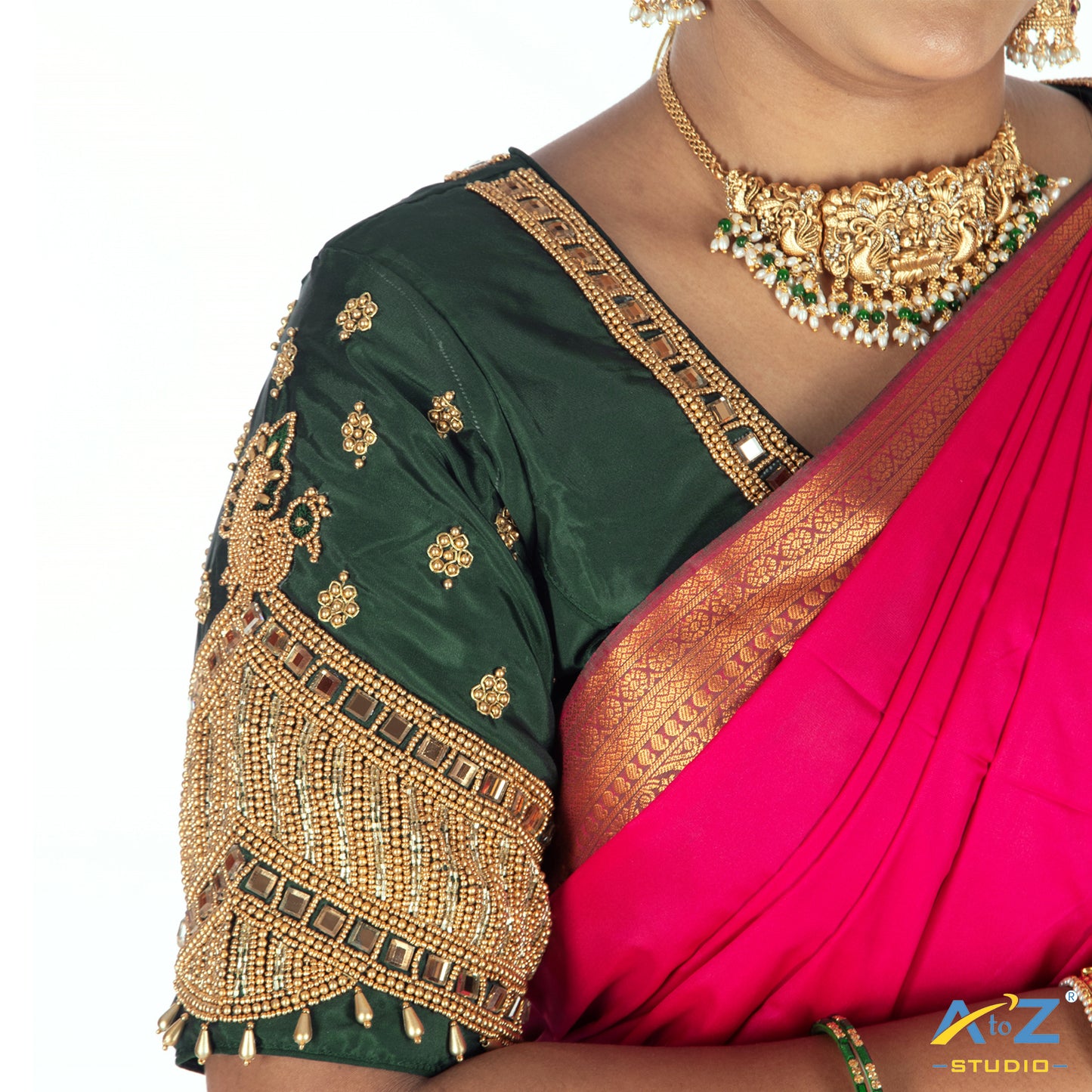 Bottle Green Silk Cloth Blouse with Small peacock ,chain and mirror Design