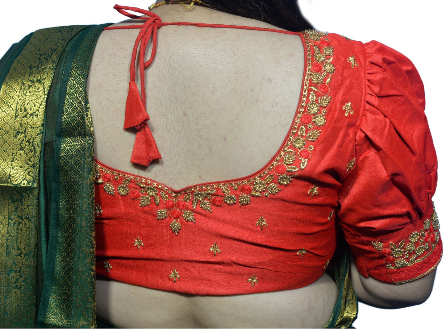 Red Blouse with Gold Motifs & Dual Embroidery