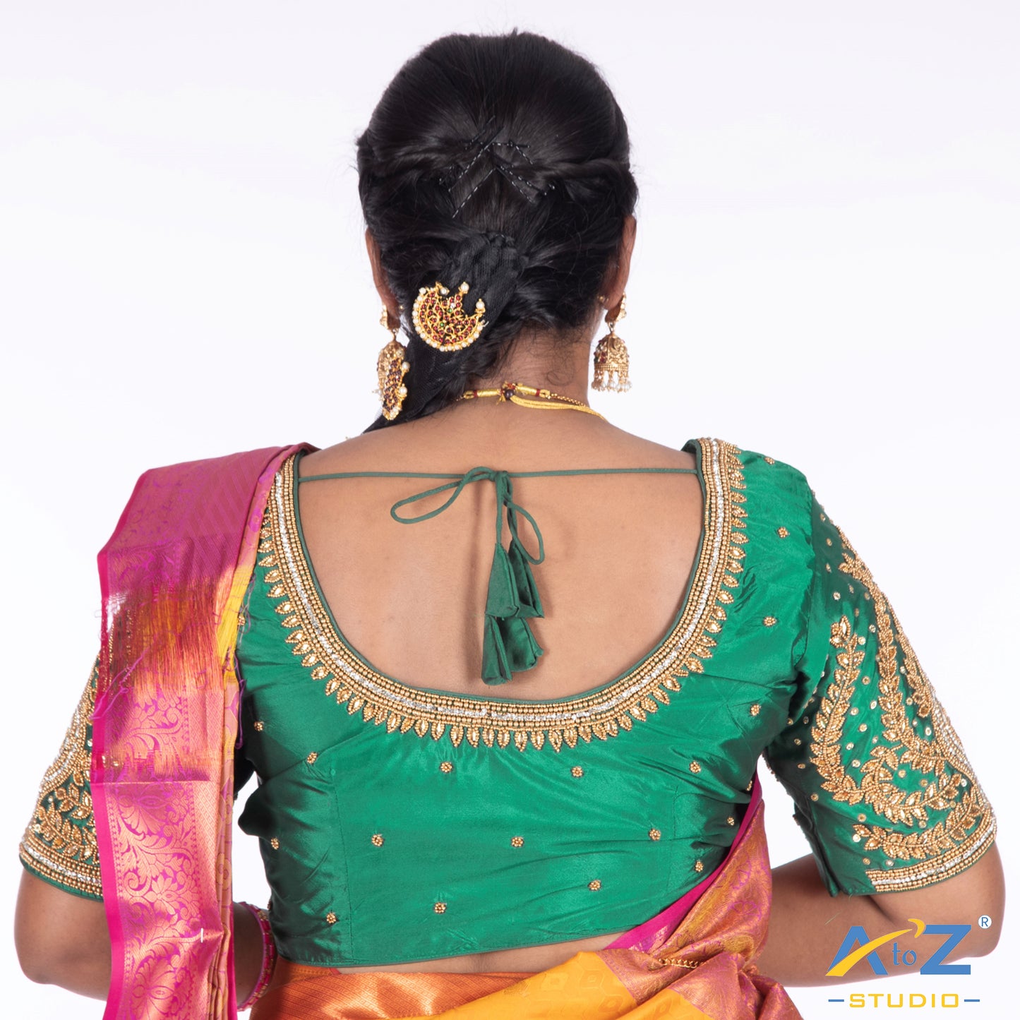 Light forest Green Silk Cloth Blouse with Small leaf and chain work Design