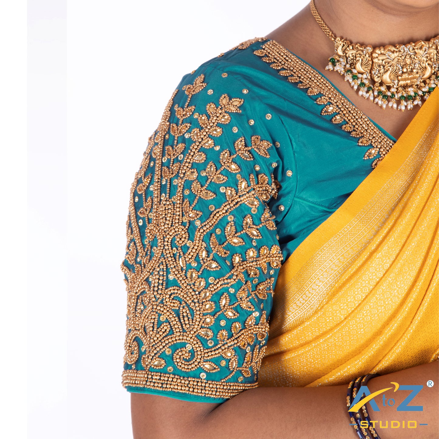 Dark Blue Silk Cloth Blouse with Small leaf (like flower pot) and chain work Design