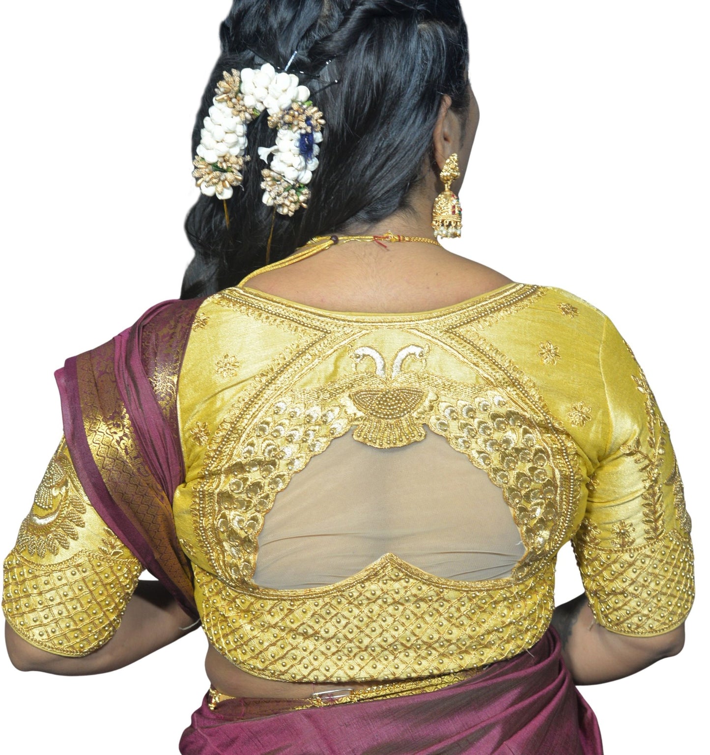 Gold Peacock Blouse with Shoulder Motifs & Criss-Cross Back