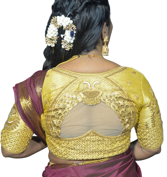 Gold Peacock Blouse with Shoulder Motifs & Criss-Cross Back