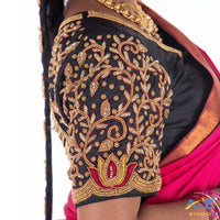 Black Silk Cloth Blouse with Back double peacock and kundan Design