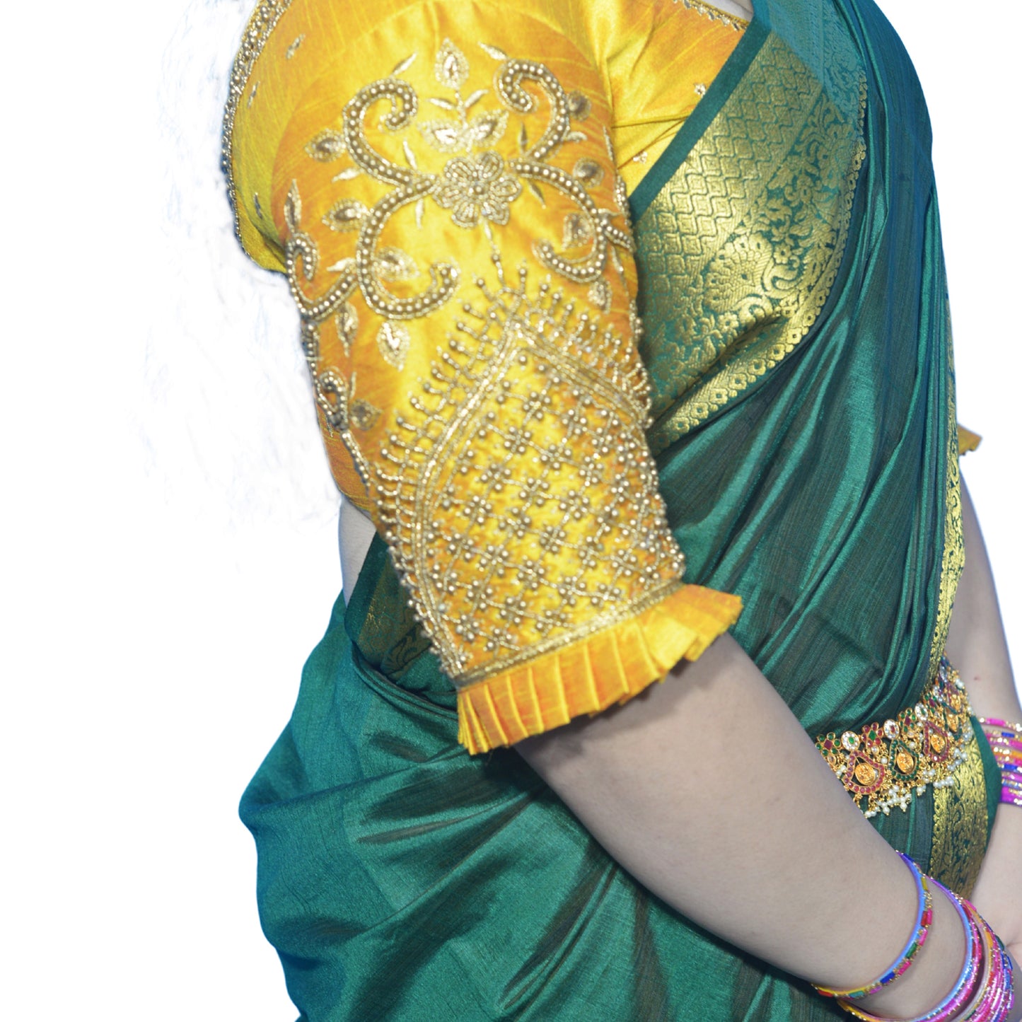 Yellow Blouse with Leaf Sleeves & Dual Embroider