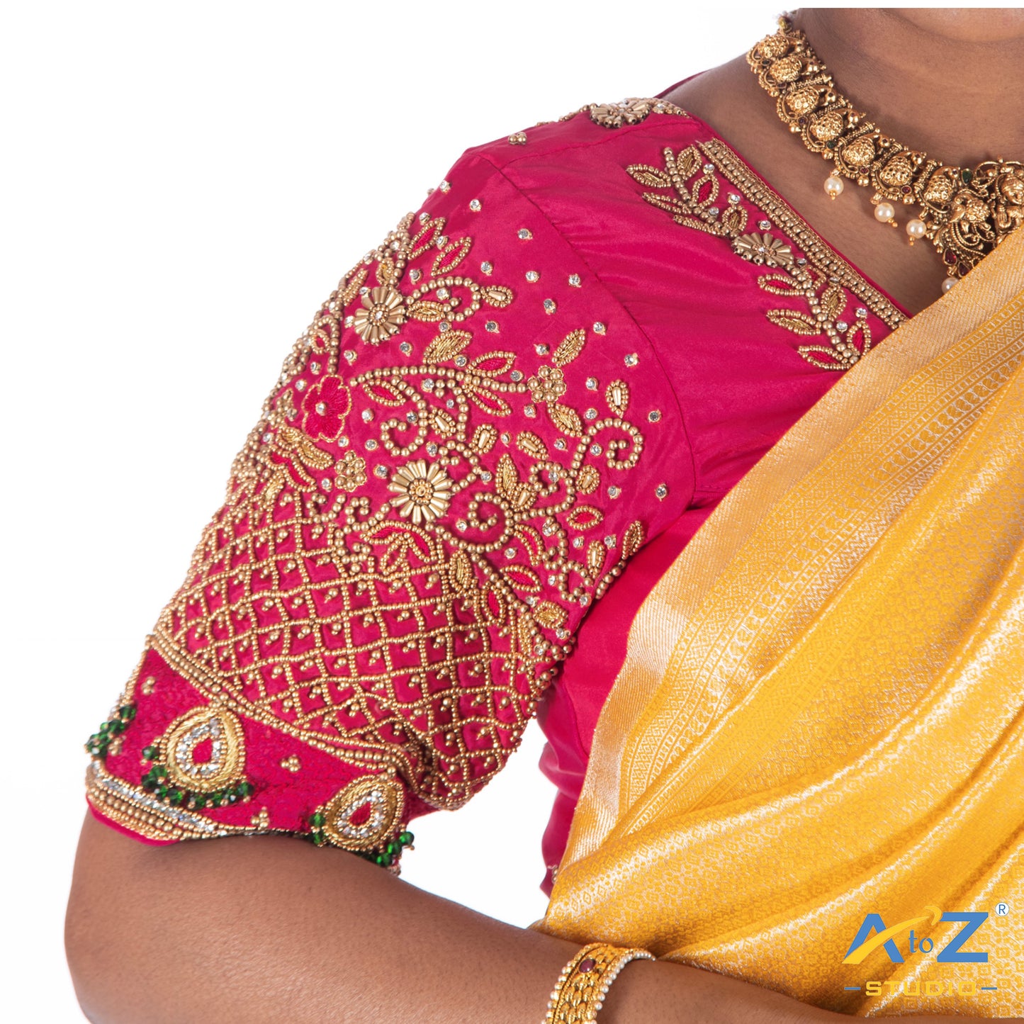 deep Pink Silk Cloth Blouse with Flower and leafs with chain and thread Design